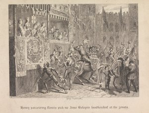 Henry widzi, jak Norris podnosi chusteczkę Anny Boleyn podczas pojedynków autorstwa George Cruikshank