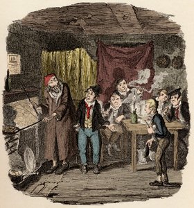 W Londynie Jack Dawkins zwany Lisem przedstawia Olivera Faginowi i jego drużynie malfratów - Oliver przedstawił szanowanemu starszemu dżentelmenowi - Ilustracja do „Oliver Twist” (Olivier) (Przygody Olivera Twista) Charlesa Dickensa (1812-1870) , przez Ge