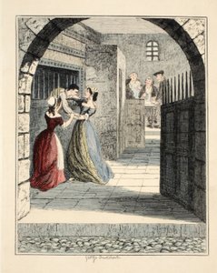 Jack Sheppard uciekający z więzienia w Newgate, ilustracja z Jack Sheppard: A Romance Williama Harrisona Ainswortha, wyd. 1839 (ręcznie kolorowane grawerowanie) autorstwa George Cruikshank