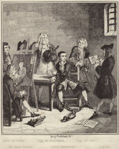 Jack Sheppard ma swój portret namalowany przez Sir Jamesa Thornhilla w więzieniu autorstwa George Cruikshank