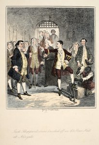 Żelazka Jacka Shepparda strącone w Stone Hall w Newgate, ilustracja z książki Jack Sheppard: A Romance autorstwa Williama Harrisona Ainswortha, opublikowanej w 1839 r. (ręcznie kolorowana akwaforta) autorstwa George Cruikshank