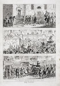 Podróż Jacka z Newgate do Tyburn, ilustracja z „Jack Sheppard: A Romance” Williama Harrisona Ainswortha, opublikowana w 1839 r. autorstwa George Cruikshank