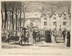 Jane spotyka ciało męża w drodze na rusztowanie, z pubu The Tower of London. 1840 autorstwa George Cruikshank