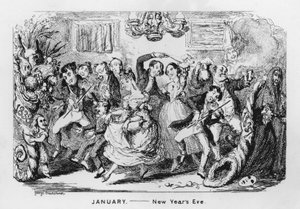 styczeń, sylwester (grawerowanie) autorstwa George Cruikshank