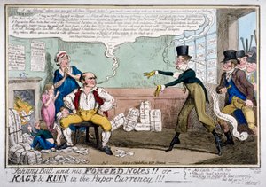 „Johnny Bull i jego sfałszowane notatki!!!”, 1819. autorstwa George Cruikshank