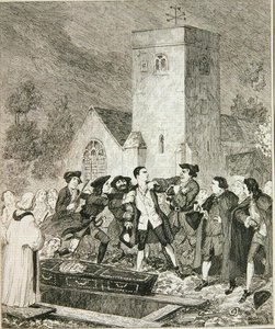 Jonathan Wild chwytający Jacka na pogrzebie matki w Willesden Churchyard, ilustracja z „Jack Sheppard: A Romance” Williama Harrisona Ainswortha, opublikowana w 1839 r. (akwaforta) autorstwa George Cruikshank