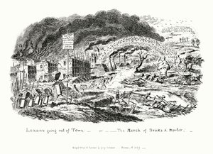 Londyn Going Out of Town, czyli Marsz Cegły i Zaprawy (rycina) autorstwa George Cruikshank