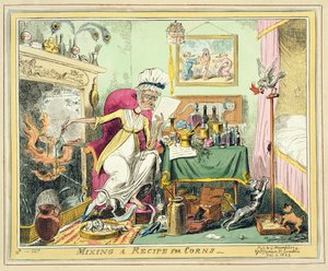 Mixing a Recipe for Corns, wyd. G. Humphrey, Londyn, 4 grudnia 1822 (kolorowa akwaforta) autorstwa George Cruikshank