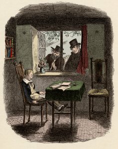 Mnisi i Fagin obserwujący Olivera śpiącego w Bibliotece Maylie - Mnisi i Żyd - Ilustracja do „” Oliver Twist”” (Oliver) (Przygody Olivera Twista) autorstwa Charlesa Dickensa (1812-1870), autorstwa George