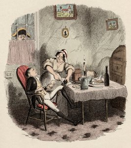 Monsieur Bumble obserwuje Noe Claypole i Charlotte - Mr Claypole, jak pojawił się, gdy jego mistrz był nieobecny - Ilustracja do „” Oliver Twist”” (Olivier) (Przygody Olivera Twista) Charlesa Dickensa (1812-1870), autorstwa George