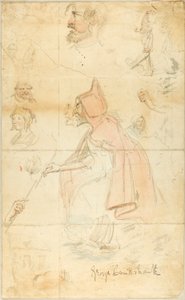 Matka Shipton (rekto); Arkusz szkiców: Fleur-de-Lis i postacie (verso) autorstwa George Cruikshank