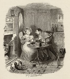 Pan Bumble i pani Corney piją herbatę, z „Przygody Olivera Twista” Charlesa Dickensa (1812-70) 1838, wydanej przez Chapman und Hall, 1901 autorstwa George Cruikshank