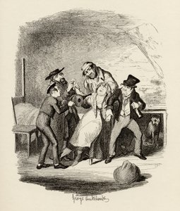 Pan Fagin i jego uczeń odzyskujący Nancy, z „Przygód Olivera Twista” Charlesa Dickensa (1812-70) 1838, opublikowane przez Chapman und Hall, 1901 autorstwa George Cruikshank
