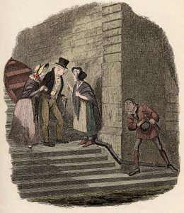 Noe Claypole szpieguje tajne spotkanie pana Brownlowa, Rose Maylie i Nancy - Spotkanie - Ilustracja do „” Oliver Twist”” (Olivier) (Przygody Olivera Twista) Charlesa Dickensa (1812-1870), autorstwa George