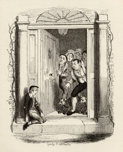 Oliver Twist pod drzwiami pani Maylie, z „Przygody Olivera Twista” Charlesa Dickensa (1812-70) 1838, wydanej przez Chapman und Hall, 1901 autorstwa George Cruikshank