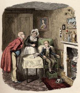 Oliver jest odbierany i opiekowany przez pana Brownlowa i jego gospodynię panią Bedwin - Oliver wraca do zdrowia po gorączce - Ilustracja do „” Oliver Twist”” (Oliver) (Przygody Olivera Twista) autorstwa Charlesa Dickensa (1812-1870), autorstwa George