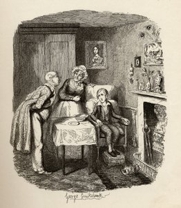 Oliver wyzdrowiał z gorączki, z „Przygód Olivera Twista” Charlesa Dickensa (1812-70) 1838, wydanego przez Chapman und Hall, 1901 autorstwa George Cruikshank