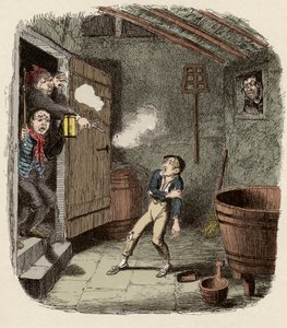 Oliver zaskoczony i zraniony podczas próby włamania - The Burglary - Ilustracja do „” Oliver Twist”” (Olivier) (Przygody Olivera Twista) autorstwa Charlesa Dickensa (1812-1870), autorstwa George