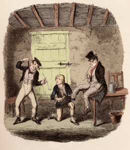 Oliver woskuje buty lisa, podczas gdy Charley Bates wyjaśnia niebezpieczeństwa związane z powieszeniem – Master Bates wyjaśnia profesjonalne szczegóły techniczne – Ilustracja do „Oliver Twist” (Olivier) (Przygody Olivera Twista) Charlesa Dickensa (1812-187 autorstwa George Cruikshank