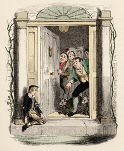 Oliver rany i wydechy prosi o pomoc - Oliver Twist przy drzwiach pani Maylies - Ilustracja do „” Oliver Twist”” (Olivier) (Przygody Olivera Twista) autorstwa Charlesa Dickensa (1812-1870), autorstwa George