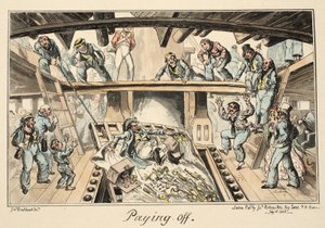 Paying Off, from Greenwich Hospital, a Series of Naval Sketches, Descriptive of a Life of a Man-of-Wars Man, pub. 1826 (rycina ręcznie kolorowana) autorstwa George Cruikshank