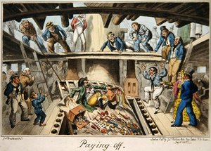 „Paying Off”, ilustracja z serii rycin przedstawiających życie w marynarce wojennej autorstwa George Cruikshank