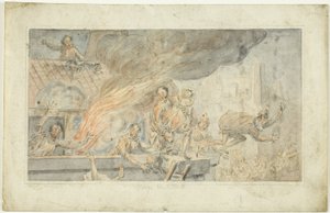 Ludzie uciekający z płonącego budynku autorstwa George Cruikshank