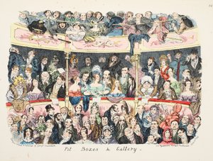 Pit Boxes and Gallery, wyd. 1836 (grawerowanie ręcznie kolorowane) autorstwa George Cruikshank