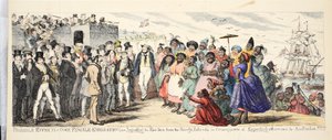Probable Effects of Over Female Emigration or Importing the Fair Sex from Savage Islands in Consequence of Importing all our own to Australia!, wyd. ok. 1844 (ręcznie kolorowana rycina) autorstwa George Cruikshank