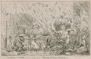 Deszcz kotów, psów i widelców autorstwa George Cruikshank