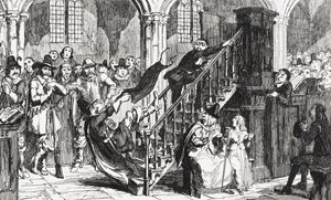 Wielebny Holdenough podczas nabożeństwa, ilustracja z „Woodstock” Sir Waltera Scotta (1771-1832) opublikowana w 1845 r. autorstwa George Cruikshank