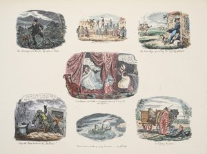 Cykl ilustracji o zaletach i wadach posiadania drewnianej nogi, wyd. 1828 (ręcznie kolorowane grawerowanie) autorstwa George Cruikshank