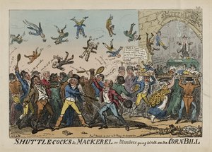 Lotki i makrela, czyli członkowie głosujący nad ustawą kukurydzianą, 14 marca autorstwa George Cruikshank