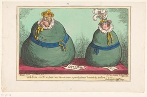 Spotprent op koning George IV en koningin Caroline, 1820 Ach! Pewnie, że taka para nigdy nie była widziana tak sprawiedliwie ukształtowana by spotkać się z natury (tytuł na przedmiocie) autorstwa George Cruikshank