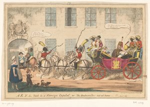 Spotprent op prins Caroline, 1817 Wizyta R-Y-L w zagranicznej stolicy lub ambasador poza domem-!! (tytuł na obiekcie) autorstwa George Cruikshank
