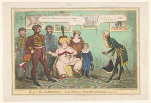 Spotprent op prins Caroline, 1817 R-y-l Protekcjonalność lub minister spraw zagranicznych zdziwiony! autorstwa George Cruikshank