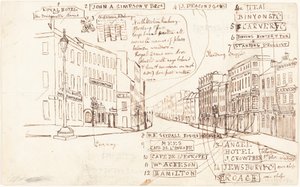 Perspektywa ulicy z oznaczonymi miejscami prowadzenia działalności autorstwa George Cruikshank