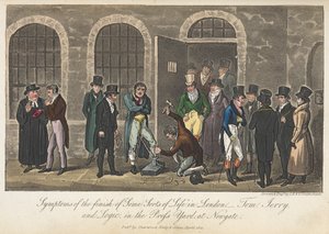 Objawy końca „pewnego rodzaju życia” – Tom, Jerry & Logic w Press Yard w Newgate, „Life in London, etc.”, Pierce Egan autorstwa George Cruikshank