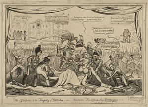 The Afterpiece (sic) do tragedii Waterloo lub Madame Francois i jej menedżerowie!!!, opublikowany 9 listopada autorstwa George Cruikshank