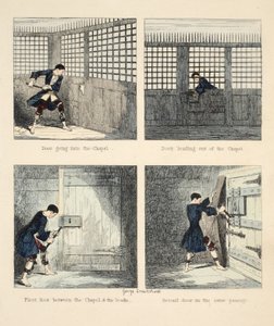 Ucieczka nr 2, ilustracja z filmu Jack Sheppard: A Romance Williama Harrisona Ainswortha, wyd. 1839 (ręcznie kolorowane grawerowanie) autorstwa George Cruikshank