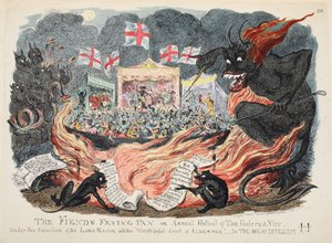 The Fiends Patelnia lub Coroczny Festiwal Toma Foolery & Vice, wyd. 1832 (grawerowanie ręcznie kolorowane) autorstwa George Cruikshank