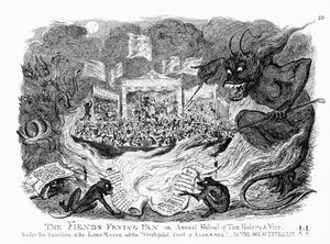 Patelnia Diabła, czyli coroczny festiwal wygłupów i występków pod sankcją burmistrza i czcigodnego dworu radnych! W Wieku Intelektu!! (rytownictwo) autorstwa George Cruikshank