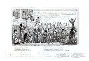 The Spa Fields Polowanie na mówców, aby zdobyć popularność i zrobić dobro!!, wyd. J. Sidebotham, 1817 autorstwa George Cruikshank