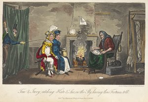 Tom i Jerry łapią Kate i Sue po cichu, opowiadając o ich losach, „Życie w Londynie itd.”, Pierce Egan autorstwa George Cruikshank