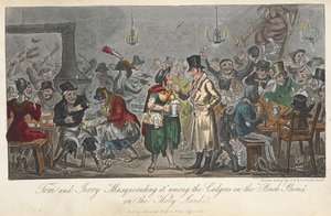 Tom i Jerry „Masquerading it” wśród cwaniaków w „czarnych slumsach” w Ziemi Świętej, „Życie w Londynie itd.”, Pierce Egan autorstwa George Cruikshank