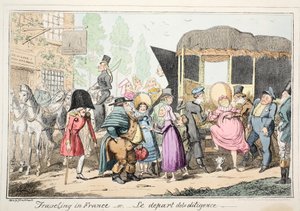 Podróż po Francji lub Le Depart de la Diligence, pub. 1835 (akwaforta ręcznie kolorowana) autorstwa George Cruikshank
