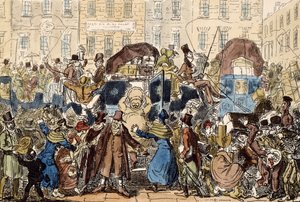 Podróżowanie po Anglii, czyli Peep z piwnicy White Horse, 1819 (akwaforta ręcznie kolorowana) autorstwa George Cruikshank