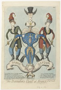 Dwie ubrane małpy trzymają broń w kształcie manekina Herb Dandies (tytuł na obiekcie) autorstwa George Cruikshank