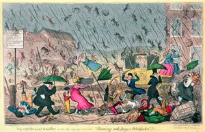 Bardzo nieprzyjemna pogoda, czyli sprawdzone stare powiedzenie Raining Cats, Dogs and Pitchforks!, wyd. G. Humphrey, 1820 autorstwa George Cruikshank