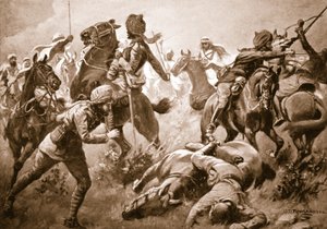 Risaldar Santa Singh, Dafadar Bisham Singh i Sowar Buda Singh przebijają się przez szeregi Arabów z pomocą kapitana Willoughby autorstwa George Derville Rowlandson